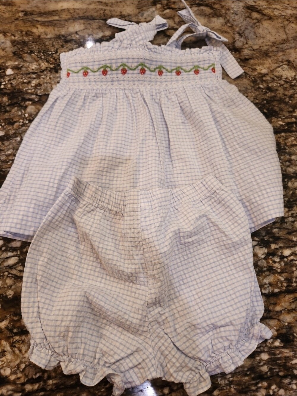 Light Blue Checked Girls' Matching Set with Strawberry Detail